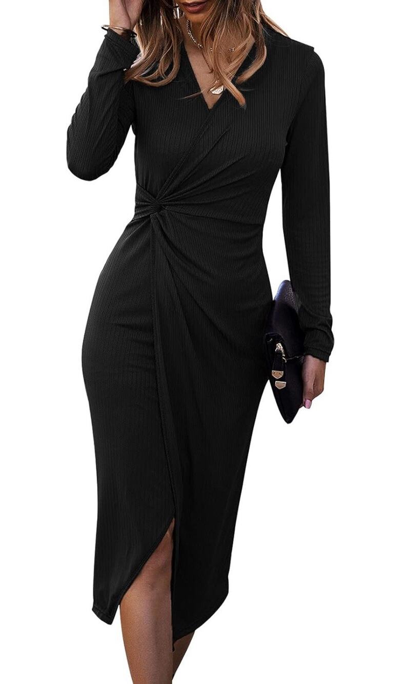 SHIBEVER Women's Long Sleeve Dress Midi Casual V Neck Twist Waist Ribbed Size XL